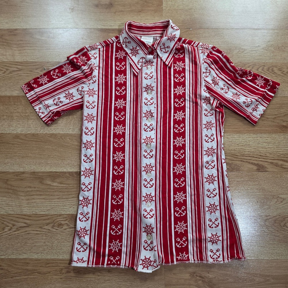 Vintage St Michael M&S Nautical Shirt Womens 10 Red White Anchor Made UK 70s